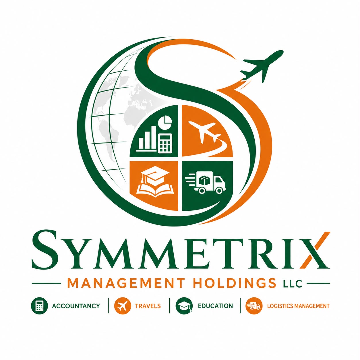 The Symmetrix Management Holdings LLC logo: a globe divided into four quadrants for accountancy, travels, education and logistics management.